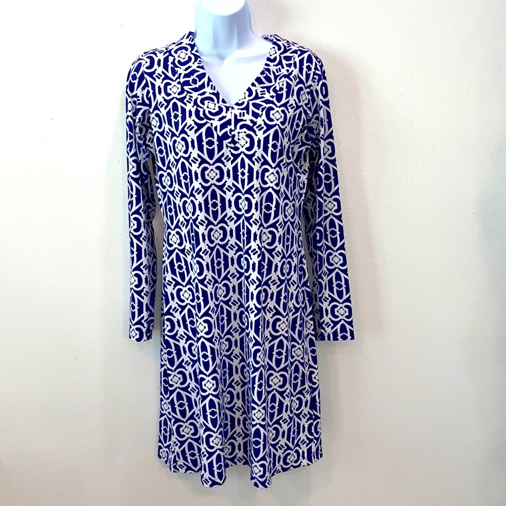 Ibkul Printed V-Neck Partial Mesh Long Sleeve Midi Dress